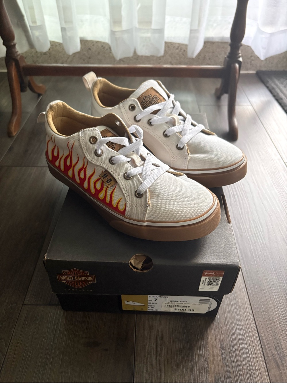 Harley-Davidson White Sneakers with Red and Yellow Flame Accents